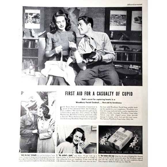 PRINT AD 1943 Woodbury Facial Soap First Aid Casualty of Cupid Soldier - Picture 1 of 3